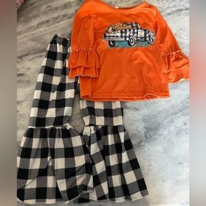 Orange Ruffle Top and Plaid Pants Set